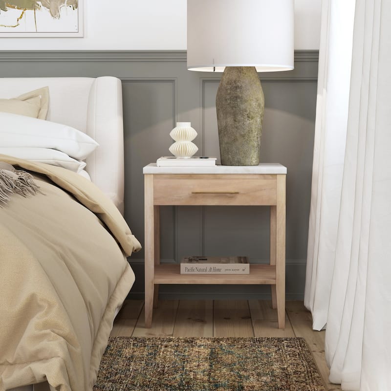 Mayfair 1 Drawer Wood and Marble Nightstand - Light Brown