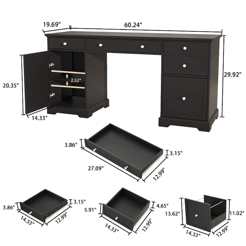 60W Black Pedestal Desk Office Desk with Drawers, File Cabinet
