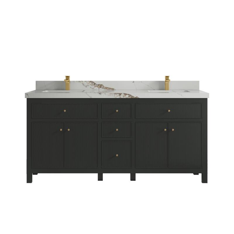 Willow Collections 72 in W x 22 in D Sonoma Free Standing Reeded Double Sink Bathroom Vanity with Countertop - 2" Calacatta Gold - Black Top