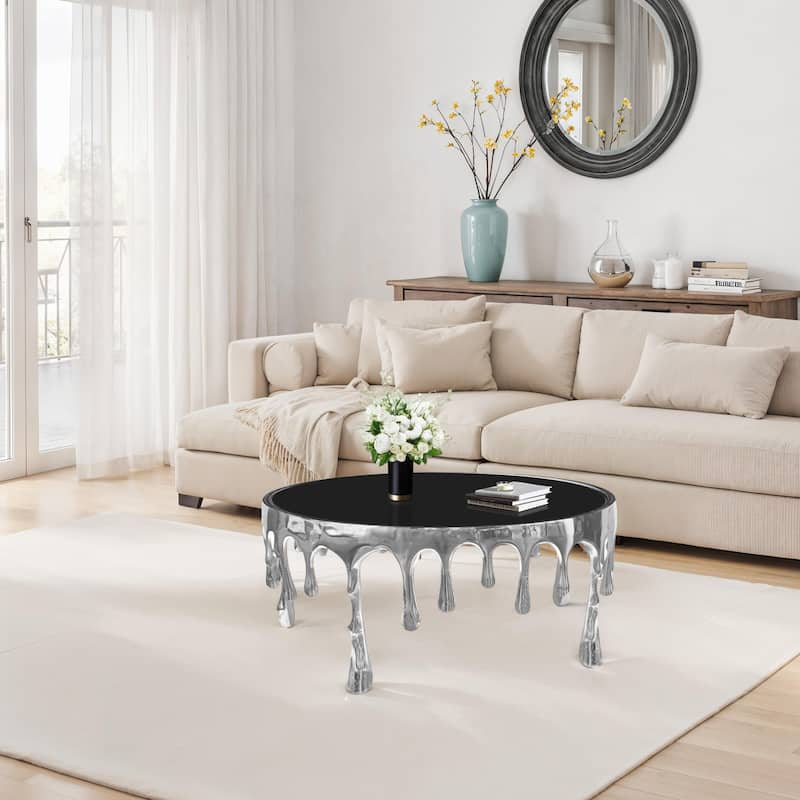 Capri Coffee Table, 36 Inch Round Glass Top, Melting Drip Design, Silver