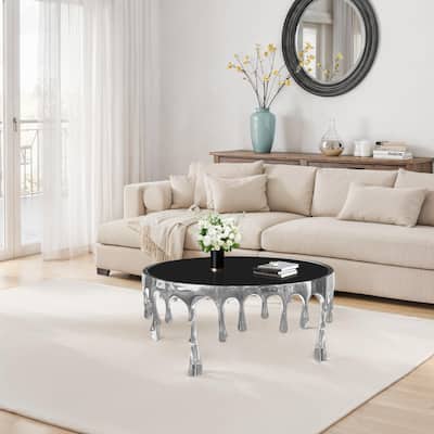 Capri Coffee Table, 36 Inch Round Glass Top, Melting Drip Design, Silver