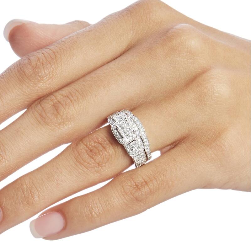 Kobelli 1.18 Carat Natural Diamond 14k Solid White Gold Princess-cut Wide Triple Halo Chunky 2pc Bridal Set