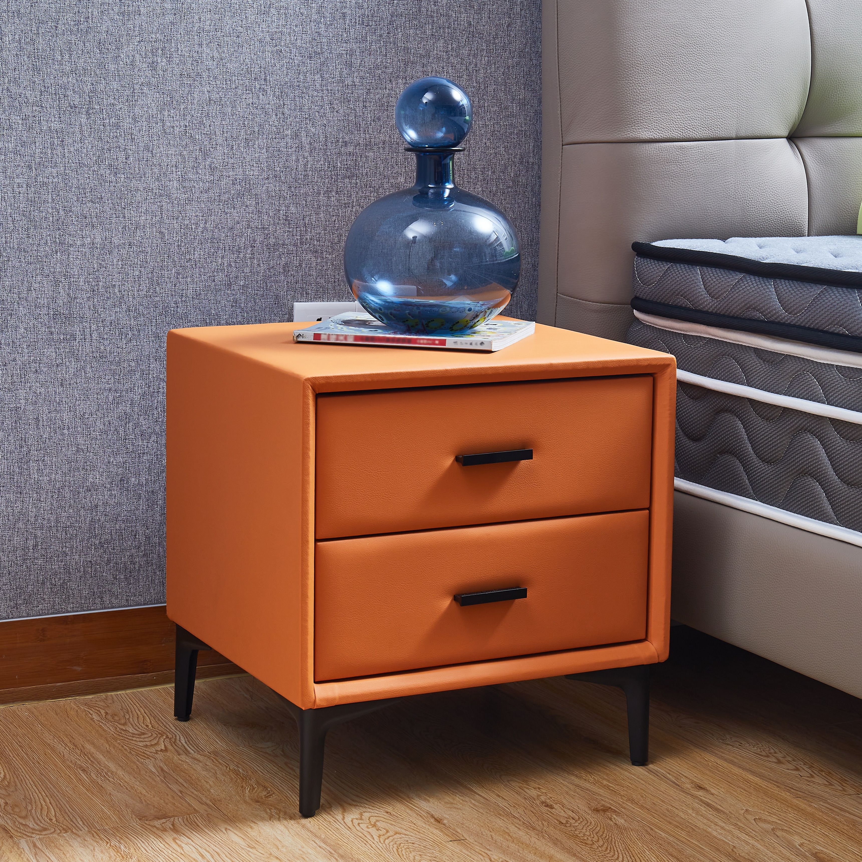 Modern PU Leather Nightstand End Table Bedside Cabinet with 2 Drawers for Living Room Bedroom