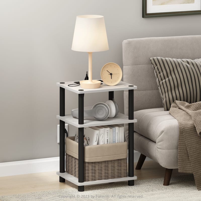 Furinno Just 3-Tier Turn-N-Tube USB and Type-C Charging Port End Table with Open Storage, Flagstaff Oak/Black