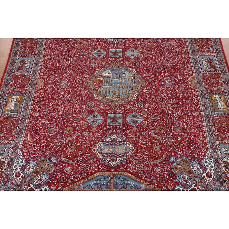 Pictorial Red Floral Kashan Turkish Area Rug Machine-Made Carpet - 9'8" x 12'11"