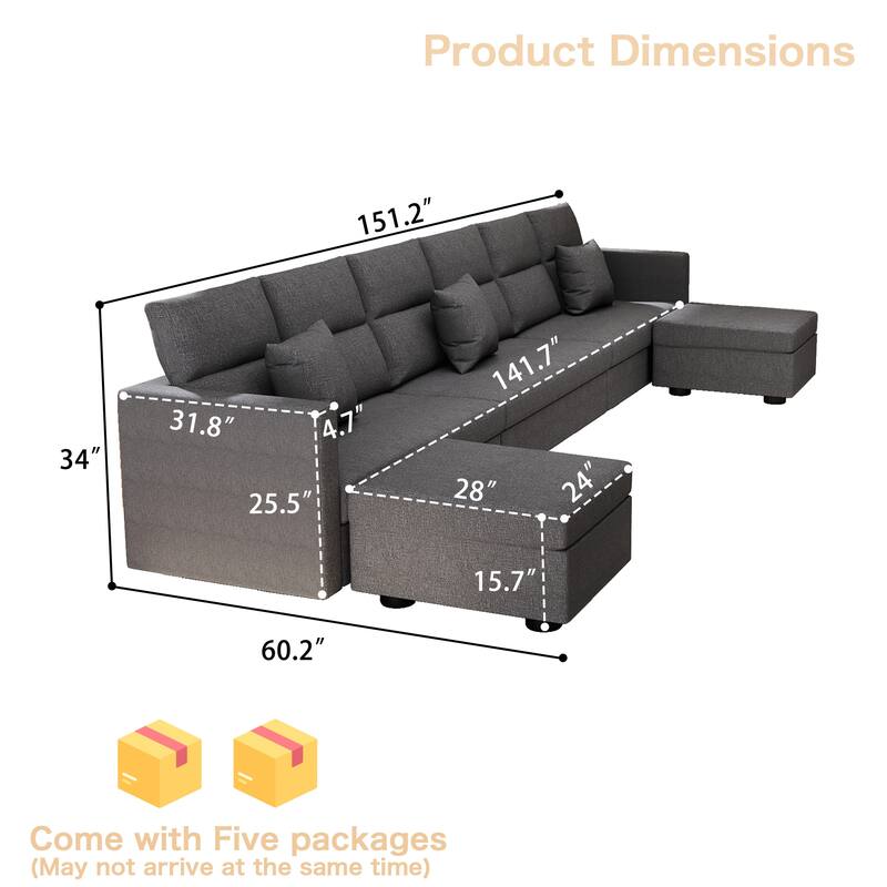 Modular Sectional Couch with Ottoman, Sectional Deep Seat Couch for Apartment