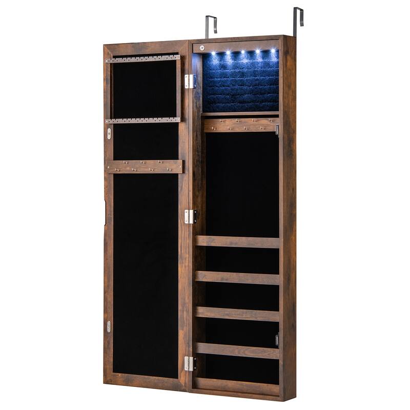Wall Mounted or Door Hanging Jewelry Cabinet with Full Length Mirror and LED Lights - 12.5" x 3.7" x 42"