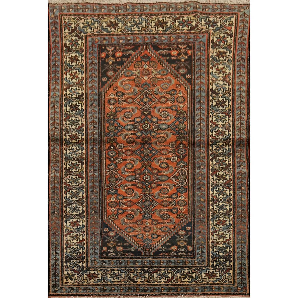 Hand Knotted Oriental 100% Wool Carpet Traditional Geometric Oranges & Rust Malayer Area Rug - 4' 4'' X 3' 2''