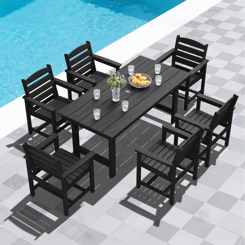7-Piece HDPE Outdoor Dining Table Sets with Umbrella Hole - 1-Table 6-Chairs