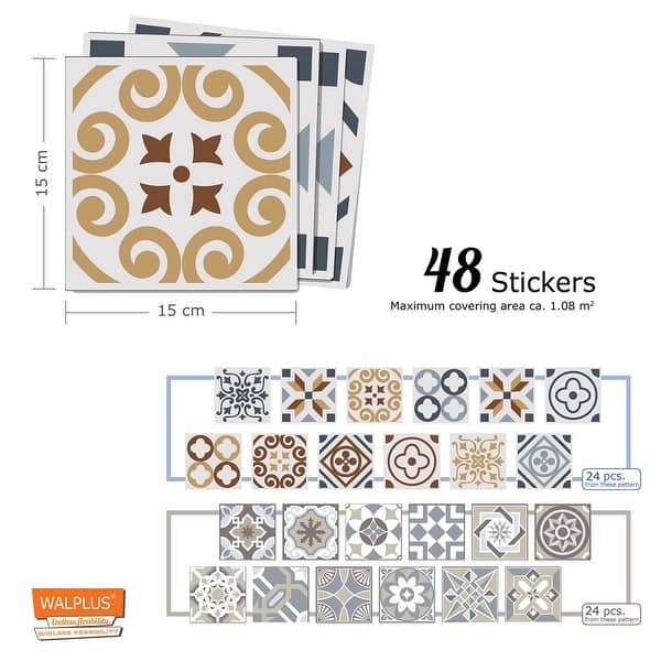 Walplus Spanish Limestone Wall Tile Stickers Peel and Stick 48pcs 6"x6"