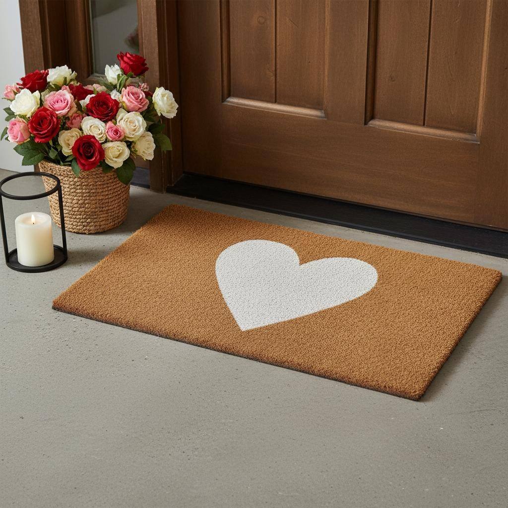 HomeRoots 17" X 29" Brown And White Heart Outdoor Coir Door Mat - 17.00' X '29.00
