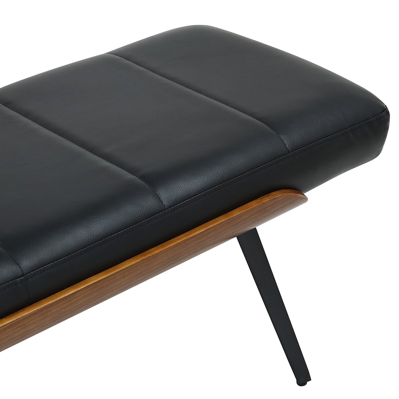 Mid-Century Modern Faux Leather & Metal Bench - Black & Walnut