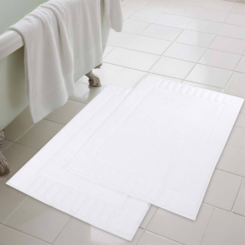 Blue Nile Mills 100% Cotton Solid Modern Geometric Border Absorbent Heavy Washable Bath Mats, Set of 2