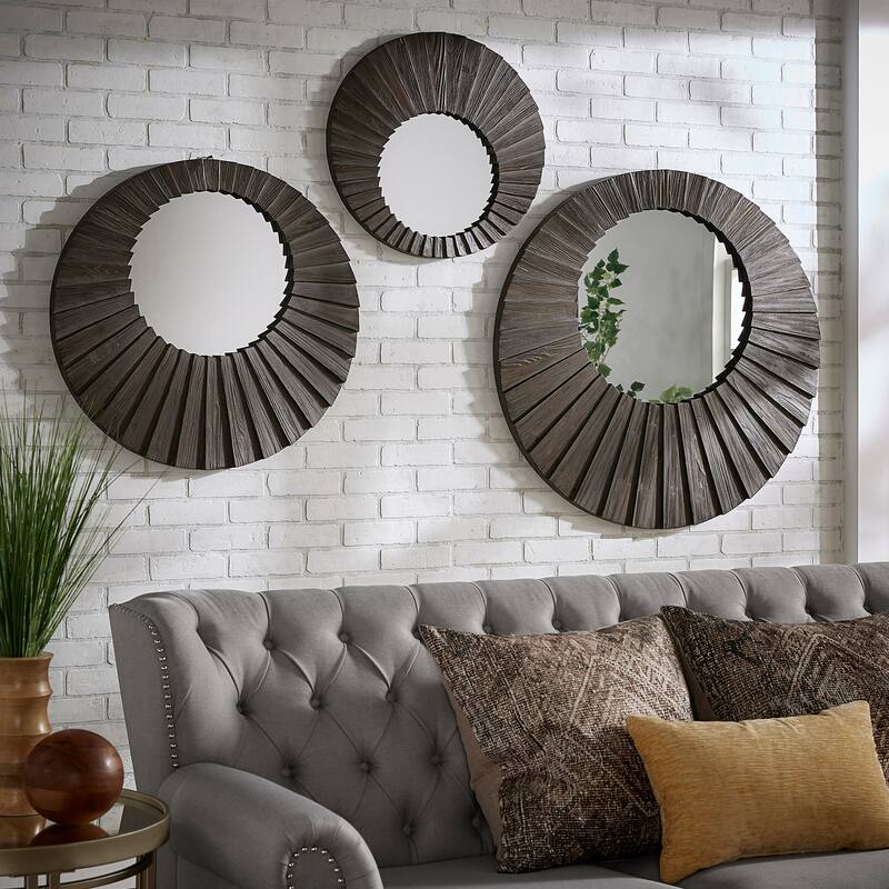 Xavier Dark Brown Reclaimed Wood Round Seashell Wall Mirror by iNSPIRE Q Modern