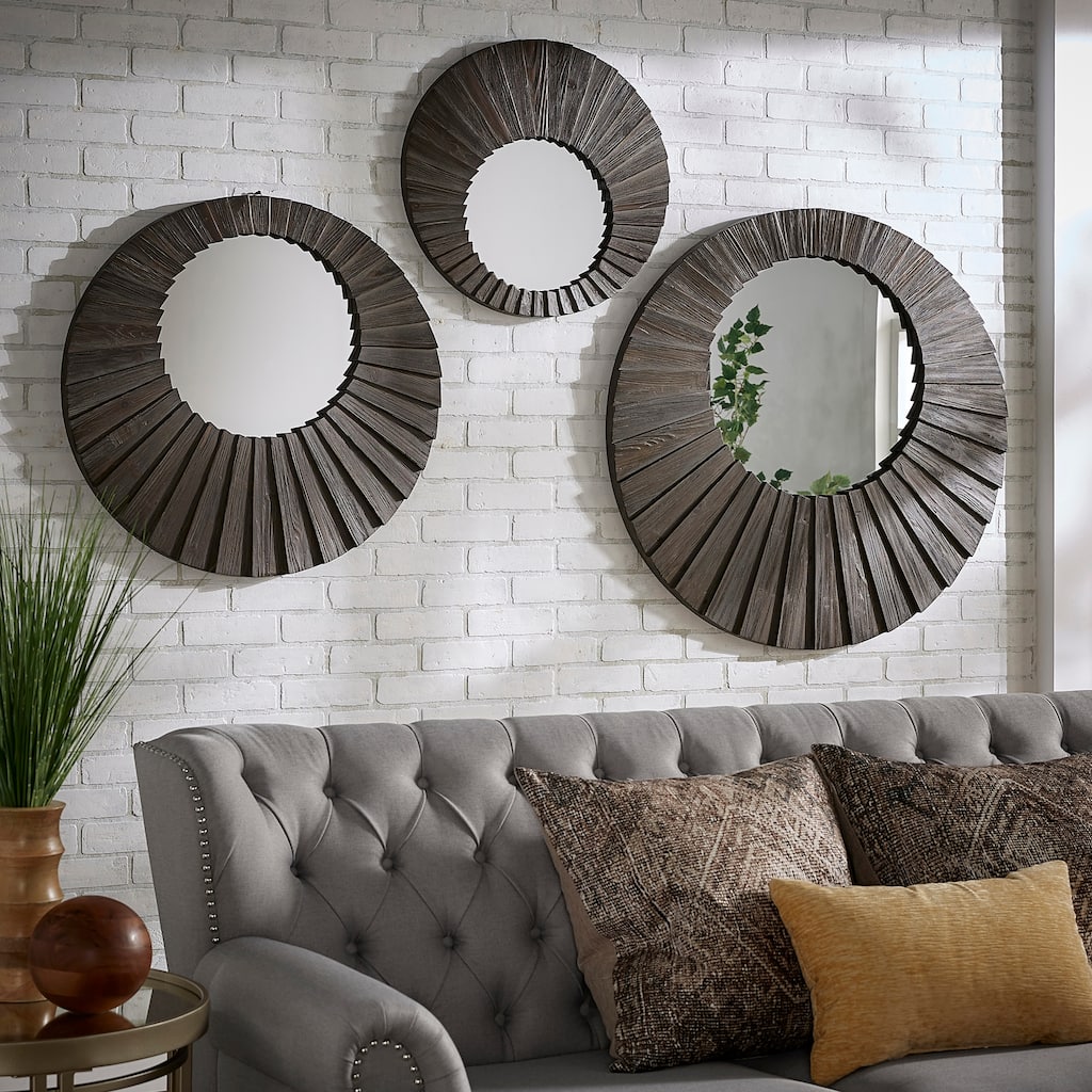 Xavier Dark Brown Reclaimed Wood Round Seashell Wall Mirror by iNSPIRE Q Modern
