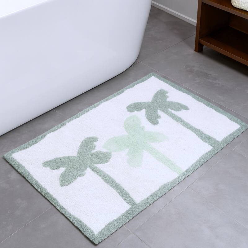 HomeRoots 32" Green And White Cotton Palm Trees Bath Rug - 32.00 in. x 20.00 in.  x 0.30 in.
