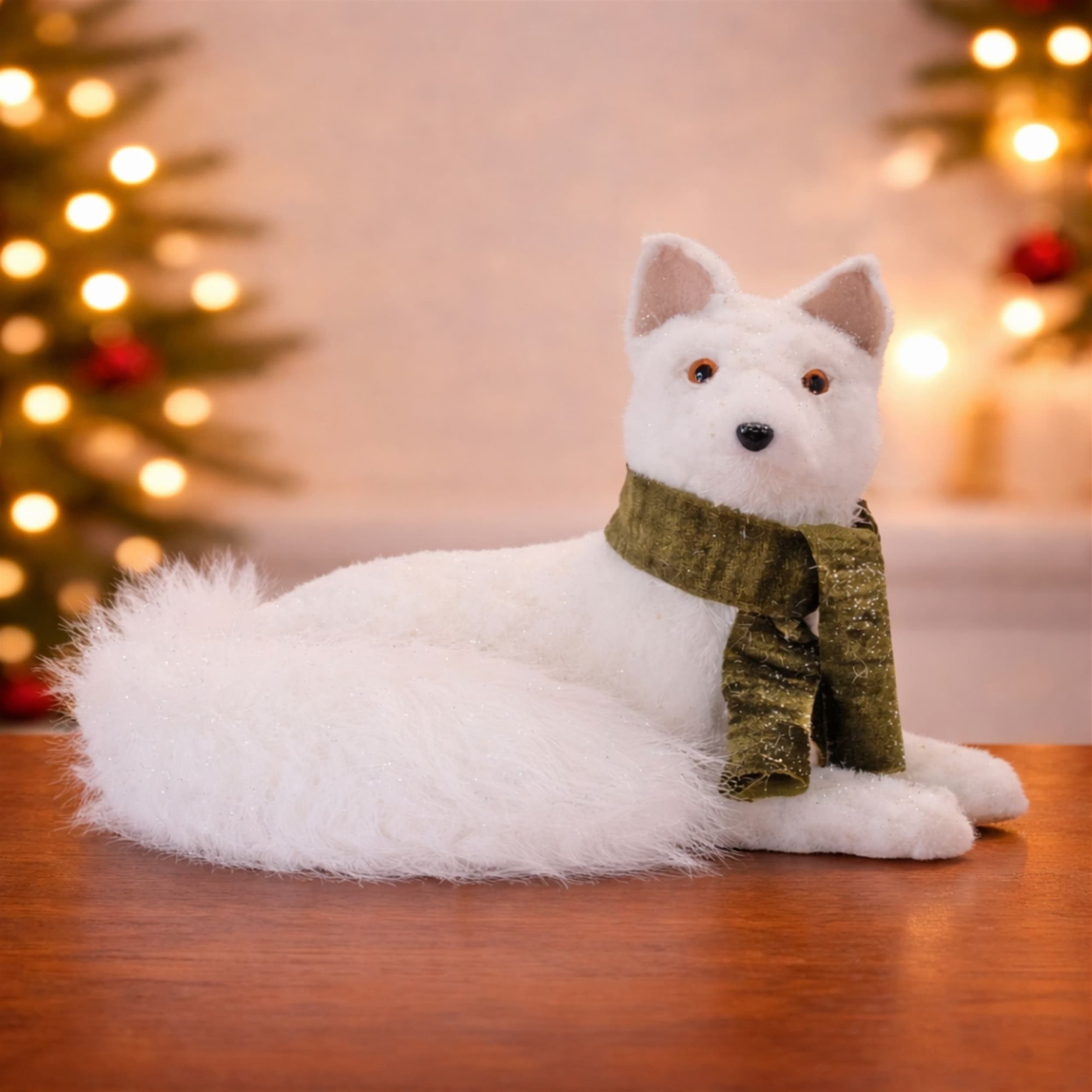 Plush Winter Fox Figurine with Fluffy Tail, Festive Green Scarf