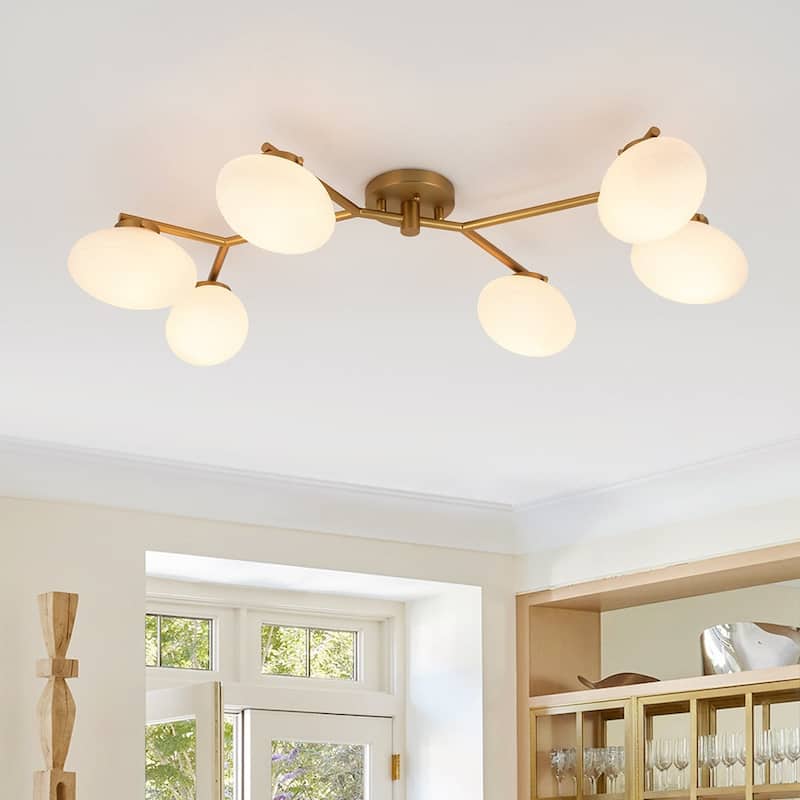 Modern 6-Light Opal Glass Globe Branch Sputnik Ceiling Light - Brass