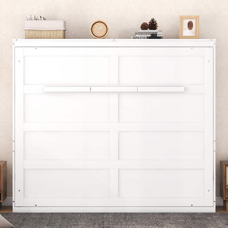 Queen Size Murphy Bed Cabinet with Dual-Piston Lift, Space-Saving Foldable Wall Bed Frame w/Slatted Base Guest Room Home Office - White - Queen