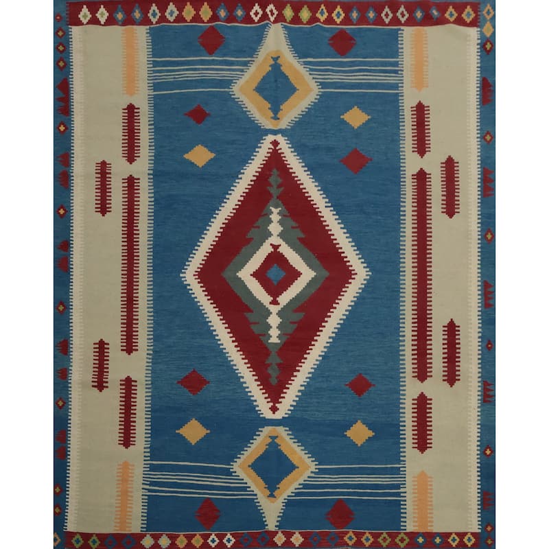 Hand Woven Oriental 100% Wool Carpet Southwestern Tribal Navy Blue & Blues Kilim Area Rug - 9' 11'' X 10' 0''