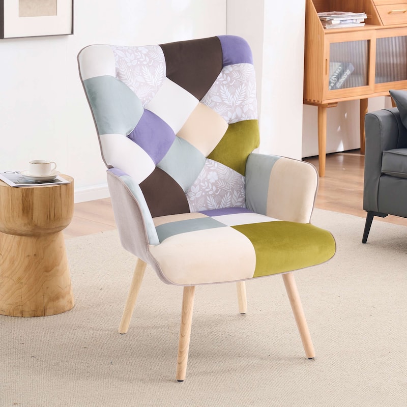 Upholstered Wingback Accent Chair with Rubberwood Legs & Levelers - Green