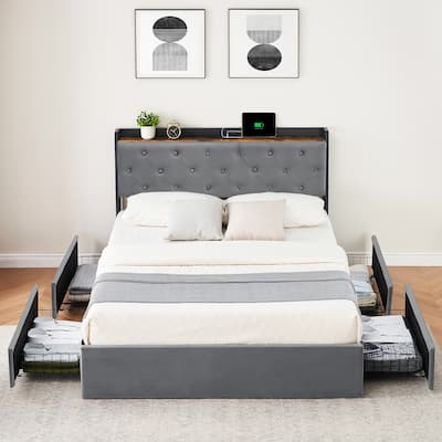 Upholstered Velvet Platform Bed Frame with 4 Storage Drawers and Charging Station