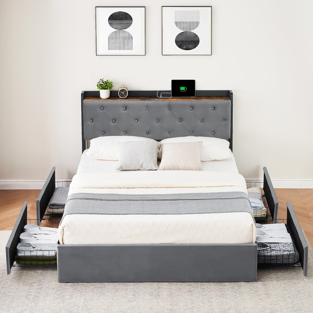 Upholstered Velvet Platform Bed Frame with 4 Storage Drawers and Charging Station