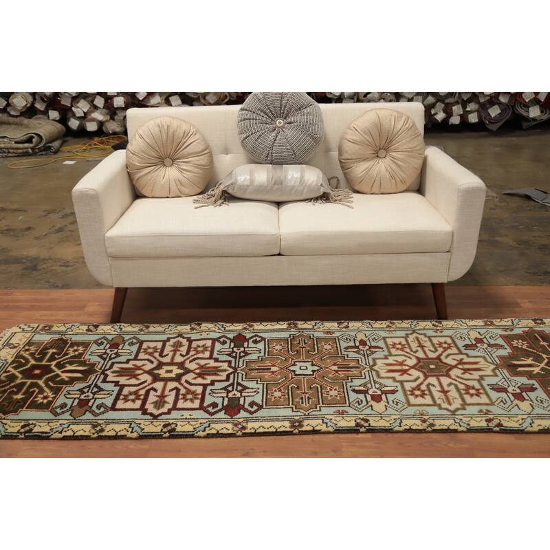 Hand Knotted Oriental 100% Wool Carpet Traditional Geometric Navy Blue & Blues Kazak Runner Rug - 7' 11'' X 2' 6''