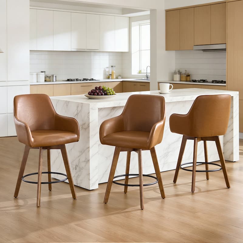 25 Inch Upholstered Swivel Counter Height Bar Stool with Armrests, Solid Wood Legs - 23.6"W x 22.4"D x 40.2"H