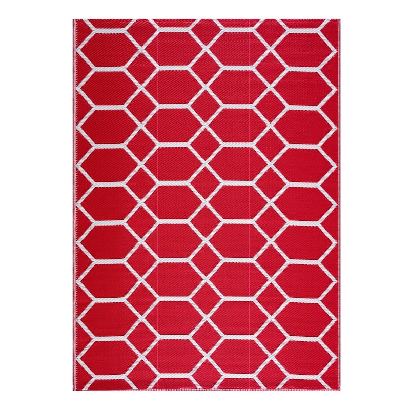 Playa Rug Outdoor Recycled Reversible Plastic Folded Mat/Rug Milan Collection Lightweight & Weather, Water and UV Resistant - 5'x7' - Red&White