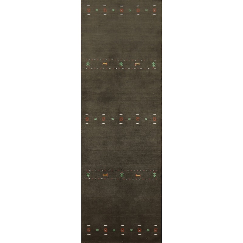 Little Animals Green Gabbeh Indian Runner Rug Hand-Knotted Wool Carpet - 2'4" x 9'2"