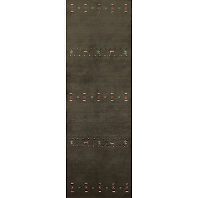 Little Animals Green Gabbeh Indian Runner Rug Hand-Knotted Wool Carpet - 2'4" x 9'2"