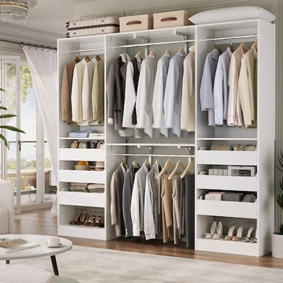 20"-60" Closet System with 3 Wooden Drawers and Sturdy Shelves and Retractable Rods