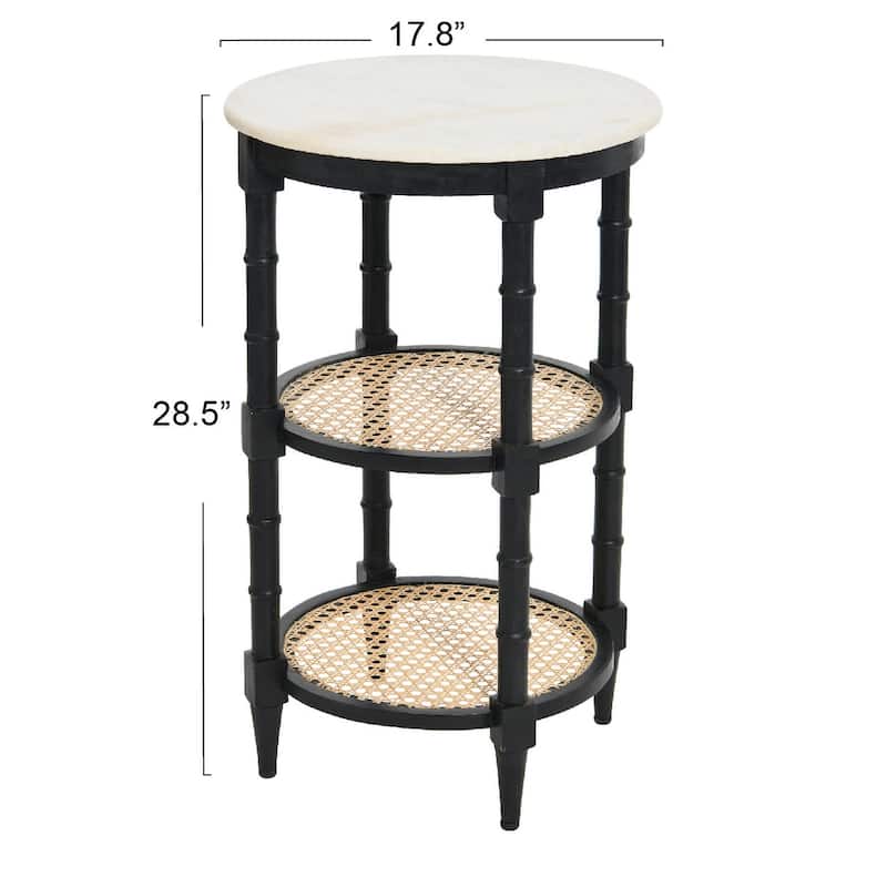 End Table with Genuine Marble Top and 2 Woven Cane Storage Shelves