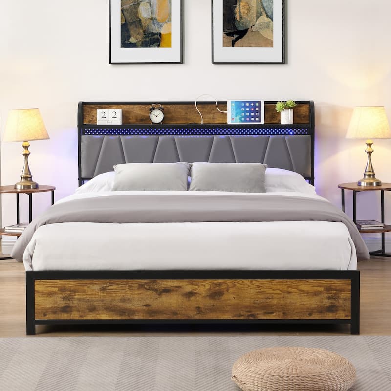 Platform Bed with Charging Station,4 Storage Drawers,LED Lights Storage Headboard