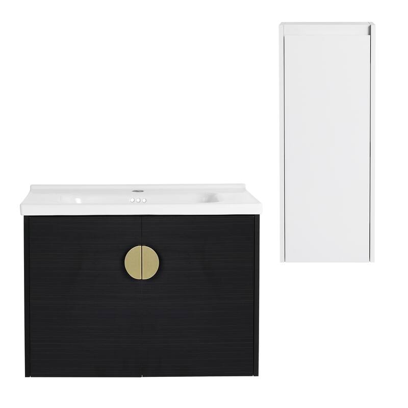 28" Wall-Mounted Bathroom Vanity With Ceramic Sink and Side Cabinet, Soft Close Doors, Combination Cabinet