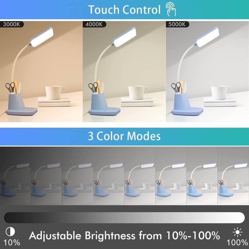 Small Desk Lamp with Pen Holder,3 Modes Dimmable Touch - 6.3"D x 5.12"W x 21.85"H