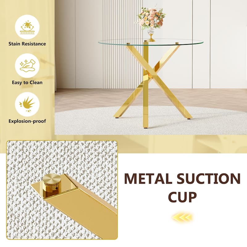 5 Piece Dining Table Set with 39 Inch Round Glass Top X Shaped Metal Base and 4 PU Chairs