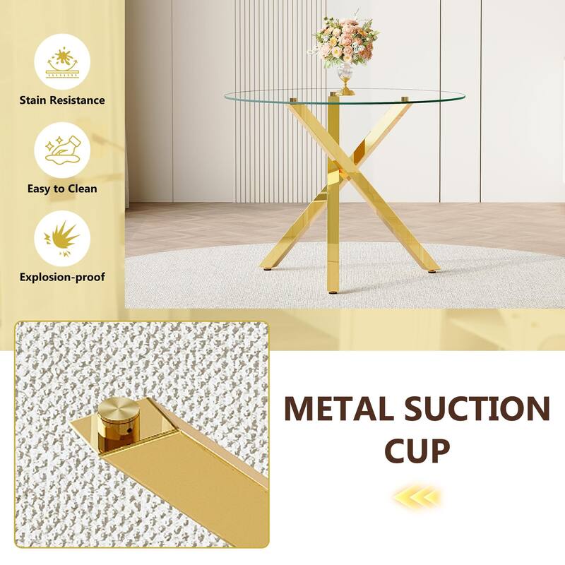 Modern X-Shaped Gold Metal Frame Round Dining Table, 39-inch Tempered Glass Top, Suitable for 2-4 Persons - Gold,Transparent