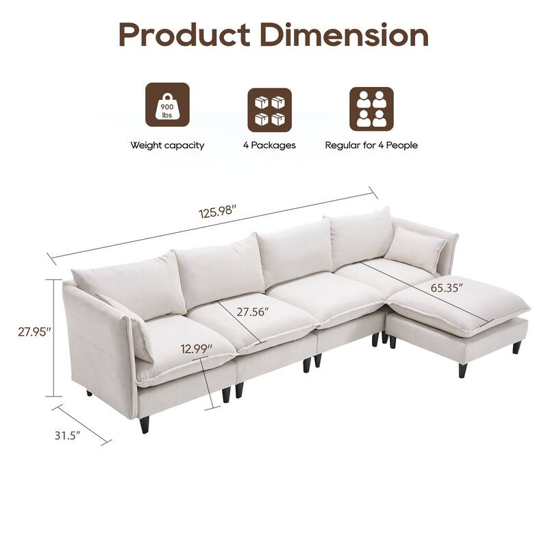 Modular 4-Seater L Shaped Sofa with Movable Ottoman, Beige