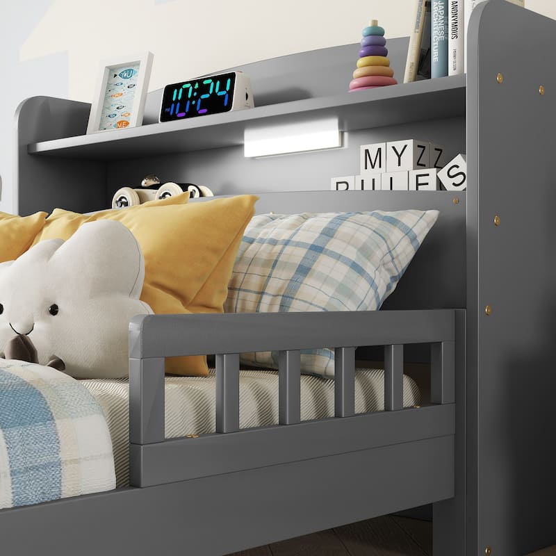 Pine Wood Twin Bed with Bookcase, LED Motion Sensor Light, Guardrails for Safety