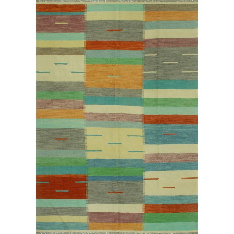 Hand-Woven Winchester Kilim Nilofer Blue/Red Rug - 6'8" x 9'9"
