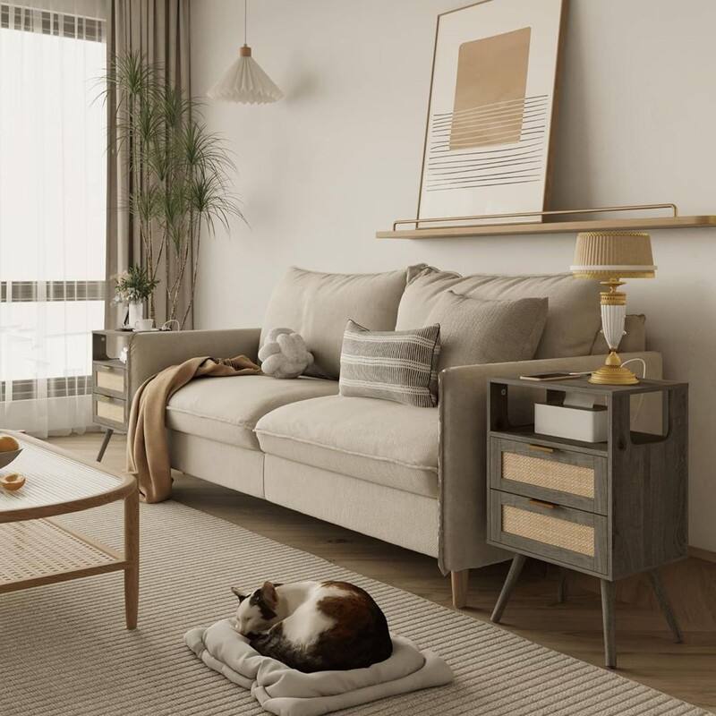 Rattan Nightstand with Chargers, Modern Nightstand with 2 Storage Drawers and Open Wooden Shelf