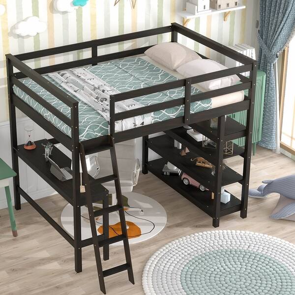 slide 2 of 8, Full Size Wood Loft Bed with Built-in Desk & 4-Tier Shelves, Wooden High Bedframe with Safety Guardrail, Twin Kids Bed Frame Espresso - Full