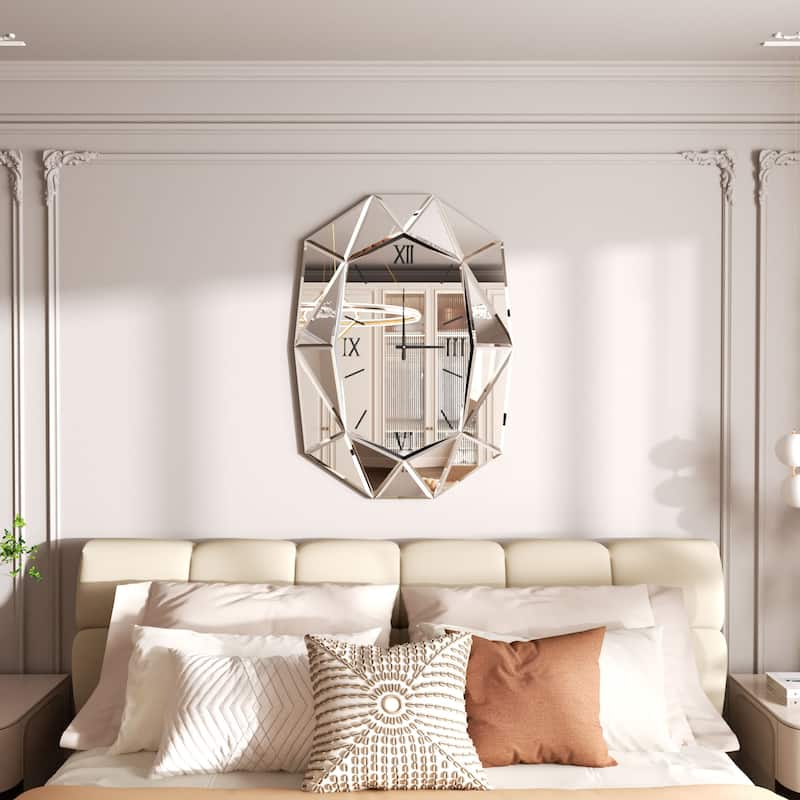 Mirrored Wall Clock Decorative Vanity Mirror Beveled Frame Edge - 29"x40"