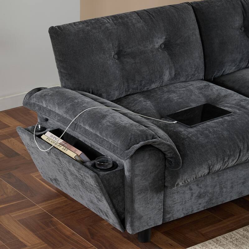 Chenille Tufted L-Shape Sectional Sofa with Storage Ottoman, Pockets and All-in-one Armrest with Dual-Port Charging, Cup Holder