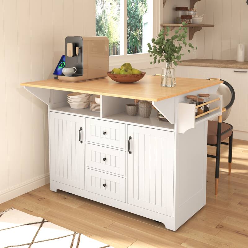55.7" Large Kitchen Island with 2 Drop Leaf, 5 Wheels, Power Outlet, Spice, Towel Rack & 3 Drawers - White