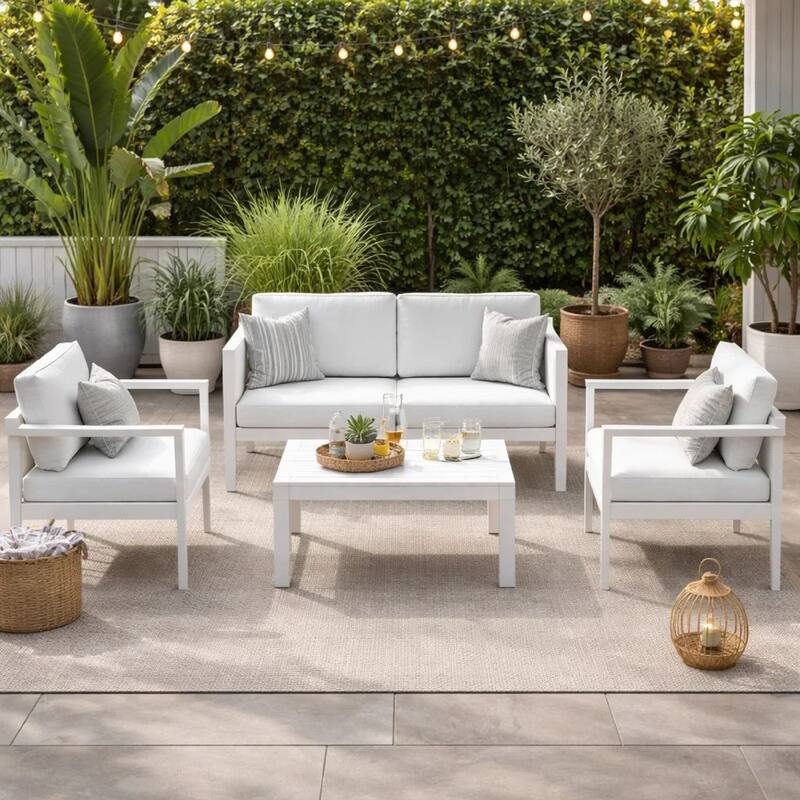 Kili 4 Piece Outdoor Sofa, Chairs, and Table Set, Crisp White Aluminum