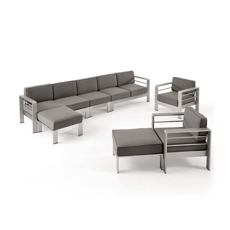 Cape Coral Outdoor Modern 7 Seater Aluminum Chat Set with Ottomans by Christopher Knight Home - Silver+Khaki