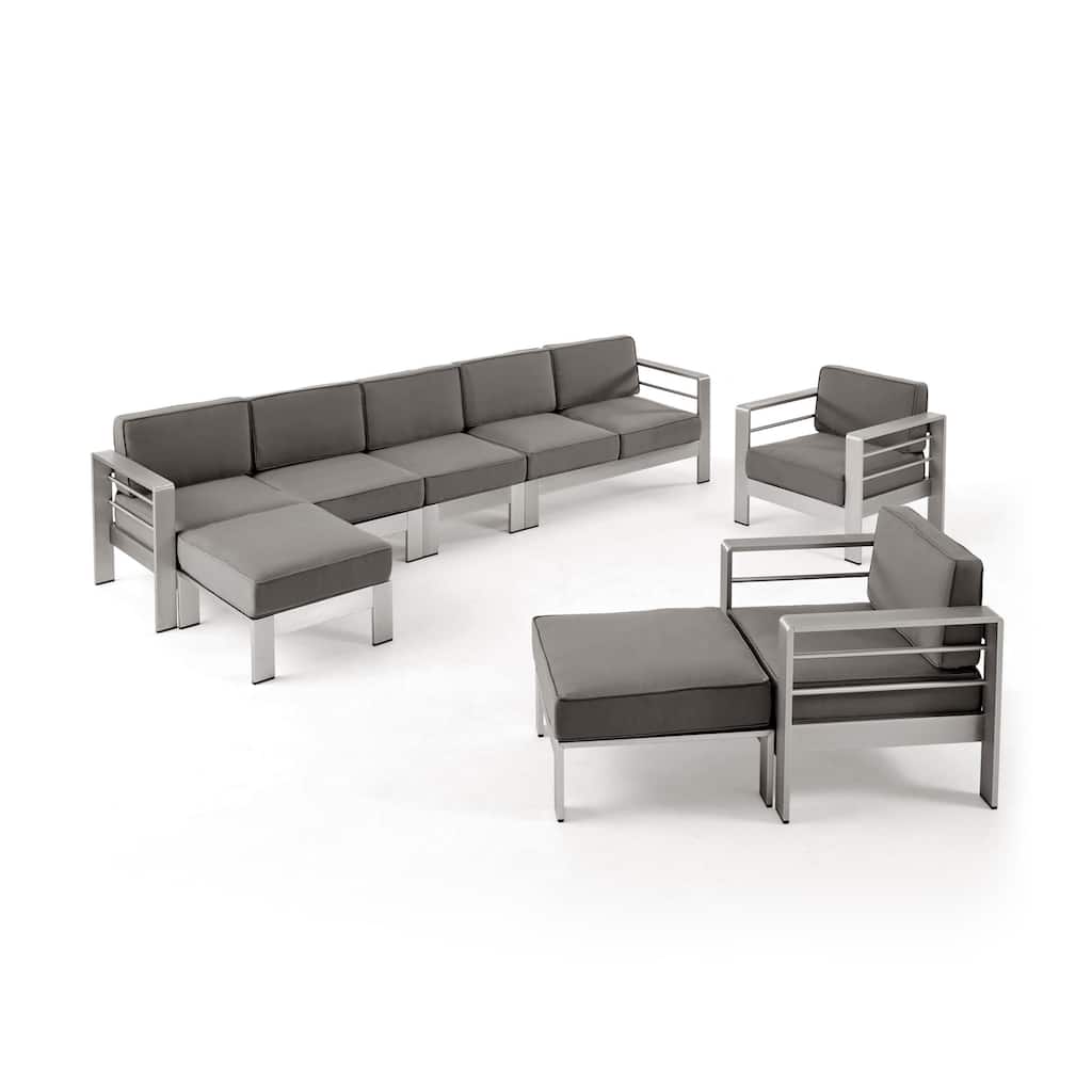Cape Coral Outdoor Modern 7 Seater Aluminum Chat Set with Ottomans by Christopher Knight Home